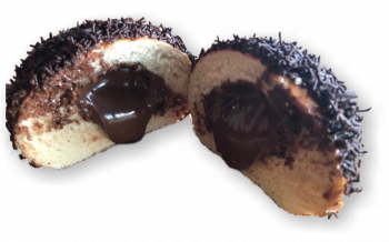 Chocolate hazelnut-filled Berliner topped with chocolate sprinkles